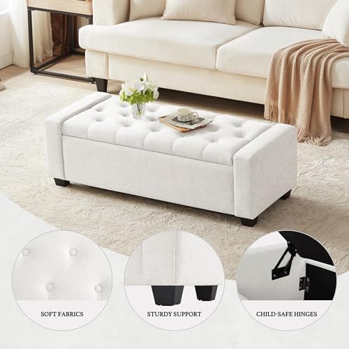 Huatean Home 48" Ottoman with Storage, White Storage Ottoman Bench