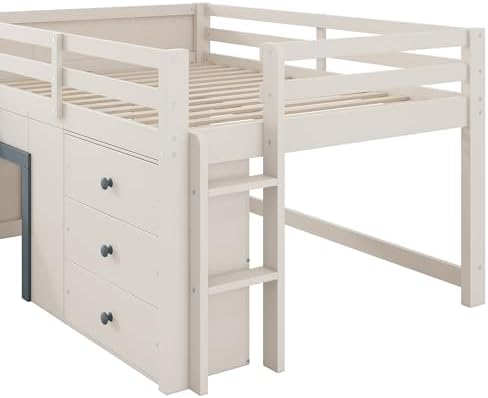 Bellemave Full Low loft Bed for Kids,Wood Modern Farmhouse Full Loft Bed with Slide and Drawer Storage, Beige+Grey