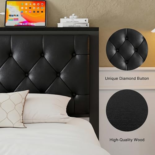 Einhomn Queen Bed Frame with Storage Drawer, Metal Platform Bed with Charging Station, Upholstered Faux Leather Button Tufted Storage Headboard, No Box Spring Needed, Noise-Free, Easy Assembly, Black