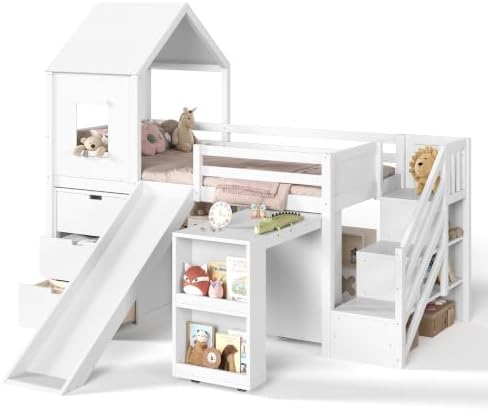 Twin Size Playhouse Low Loft Bed with Slide Storage Drawers Stair Shelves Pull Out Desk (White, Twin)