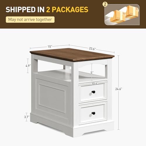 RALGEND Farmhouse End Table with 2 Drawers Set of 2, White and Walnut
