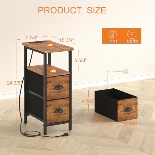 sthmec Narrow End Table with Charging Station, Narrow Side Table with 2 Fabric Drawers, LED End Table, Slim Nightstand with LED Light, Small Side Table for Small Space,Living Room,Bedroom,Rustic Brown