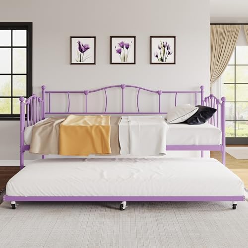 GarveeHome Twin Daybed with Trundle, Metal Sofa Bed Frame with Steel Slat Support, Twin Size Space-Saving Furniture for Living Room, Bedroom, Love Heart Design, No Box Spring Needed, Purple