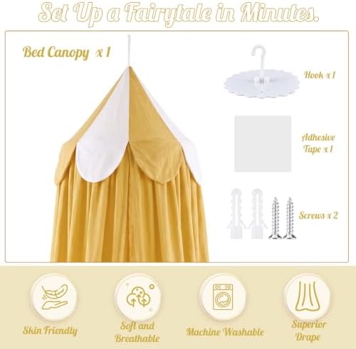 Bed Canopy with Scalloped Edge, 2 Panel Striped, Bright Yellow
