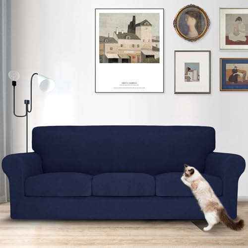 MAXIJIN 4 Piece Couch Covers for 3 Cushion Couch Sofa Covers, Stretch Couch Slipcovers for Sofas with 3 Cushions, Thick 3 Seat Furniture Protector for Dogs Pet (71"-91", Navy Blue)