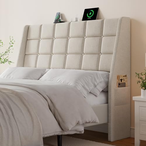 ONBRILL Ergonomic Headboard Full Size with Charging Station, Off White