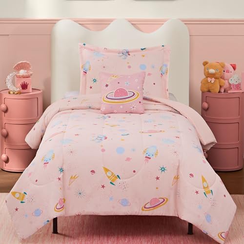 Twin Comforter Set for Girls-3 Pieces Pink Glow in the Dark Twin Bedding