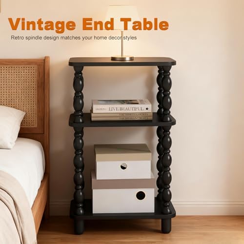 Side Table, Retro End Table with 3 Tier Shelf, Small Couch Side Table for Living Room, Vintage Farmhouse End Table, Bedroom Skinny Bedside Table Nightstand(Black)