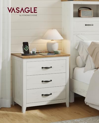 VASAGLE 23.6‑Inch Farmhouse Nightstand with Charging Station, 3 Drawers