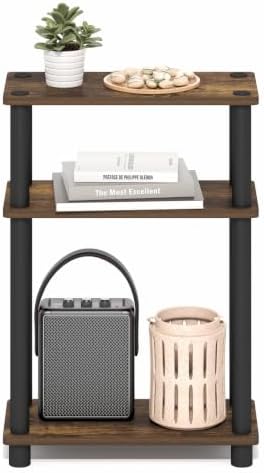 Furinno Turn-N-Tube Narrow Side Table, 3-Tier Rectangular Modern End Table with Storage Shelf, Slim Toolless Assembly Nightstand, Night Stand, Bedside Table, for Living Room, Bedroom, Amber Pine