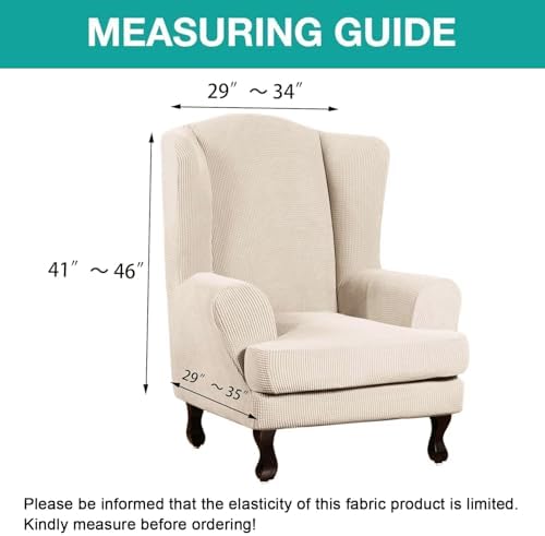 Turquoize Wingback Chair Covers 2 Piece Wing Chair Slipcover Stretch Slipcovers for Wingback Chairs Wing Chair Cover Spandex Jacquard Fabric with Elastic Bottom Non-Slip Furniture Cover,Biscotti Beige