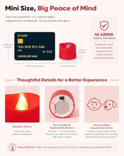 Homemory 24-Pack Red Flameless Battery Tea Light Candles, 200+ Hours