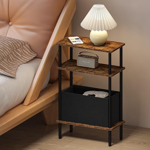 Narrow Side Table with Fabric Basket, Set of 2 End Table for Small Spaces, Slim Nightstand with 3-Tier Storage Shelf, Sofa Beside Table, for Living Room, Bed Room, Rustic Brown