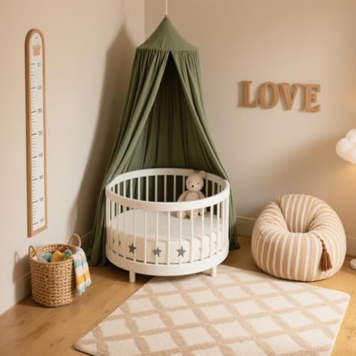 Cotton Kids Bed Canopy, Nursery Room Baby Crib Hanging Curtain Mosquito Net Hideaway Bedding Children Reading Nook Decoration, Pastel Neutral Color for Boys & Girls (Small Green)