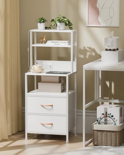 Furnulem White Nightstand, Tall Night Stand with Charging Station