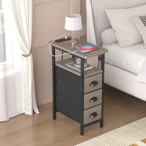 shtmec Narrow End Table Set of 2 with Charging Station, Side Tables Set 2 with Fabric Drawers, Small Bedside Tables Nightstands for Small Space, Slim Sofa Couch Table for Livingroom, Grey