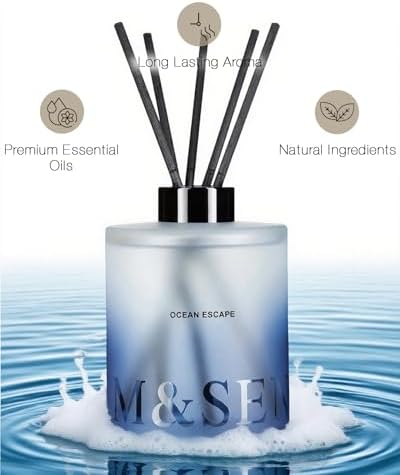M&SENSE Reed Diffuser Set, Ocean Escape, 17 oz Natural Essential Oil