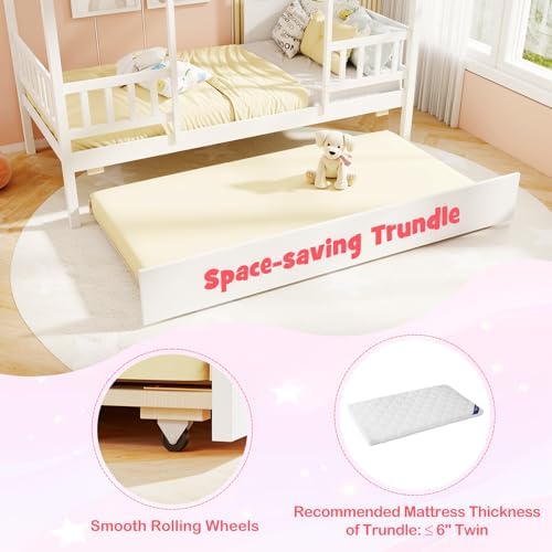 GIANTEX Twin House Bed with Trundle Bed Twin, Wooden Montessori Bed Frame with Roof & Safety Guardrail for Kids, Teens, Boys or Girls, No Box Spring Needed (White)