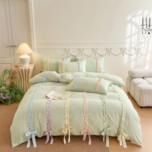 Colorful Striped Ruffled Bedding with Cute Bow,Chic Ruffle Romantic Queen Duvet, Coquette Aesthetic Style 3 piece Duvet Cover Set-1Queen Duvet Cover with 2 Pillowcases, No Comforter