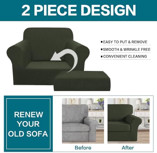 Turquoize 2 Piece Chair Covers Armchair Covers for Living Room Stretch Armchair Slipcovers Soft Chair Cover with Arms Feature Thick Jacquard Fabric, Machine Washable (Chair, Olive)