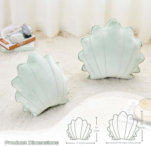 Uvvyui Shell Pillow Seashell Throw Pillow Shell Shaped Decorative Pillows Soft Velvet Sea Shells Pillow Aesthetic Home Decor Sea Ocean Beach Cushion Bed Pillow（Sage Green, 15x13 Inch）