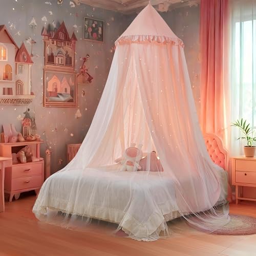 Princess Bed Canopy for Girls, Double Layer Canopy Fits Twin/Full Bed - Fairy Bed Tent for Kids Room Decor(with Cutout Stars,Pink)