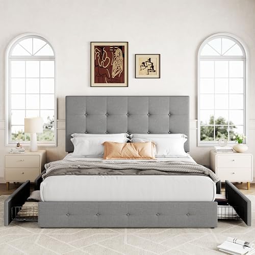 Allewie Queen Size Storage Bed Frame with 4 Underbed Drawers, Upholstered Platform Bed with Adjustable Headboard, Square Button Tufted, Easy Assembly, Noise-Free, No Box Spring Needed, Light Grey