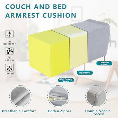 2 Pack Couch Arm Rest Pillow, 8''x8''x20'' Faux Leather Waterproof Cover, High Density Foam Armrest Cushion, Removable & Washable Elbow Support for Sofa, Bed, and Armchair (Medium Grey)