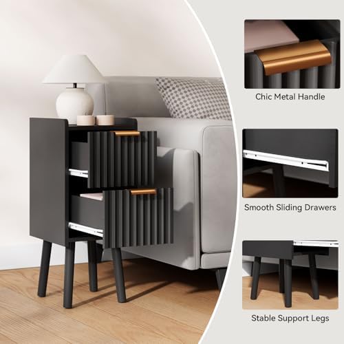IBUYKE Narrow Nightstand,Slim Bedside Table with 2 Drawer,Black UWNS015B