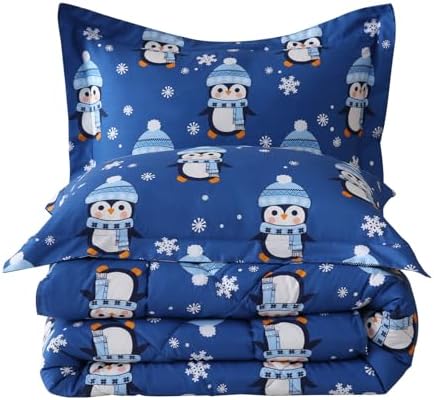 JSD 3 Piece Blue Penguin Snowflakes Kids Christmas Comforter Set Full Size