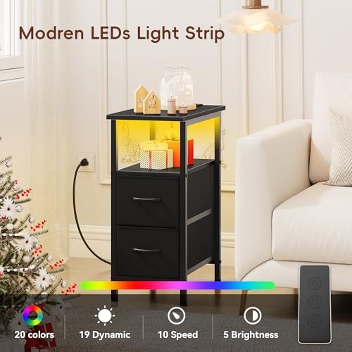 Vagusicc Black Nightstand with Charging Station and LED Lights, Narrow Side Table, LED Night Stand with 2 Fabric Drawers, Bedside Table with USB Ports and Outlets, Tall Nightstand for Bedroom, Black