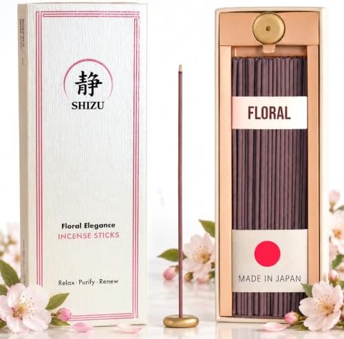 Shizu Floral Elegance Incense Sticks – Artisanal Temple Grade Japanese Incense with Brass Holder – Subtle, Calming Scent for Relaxation, Meditation & Home Spa, Elegant Gift Set (60 Sticks)