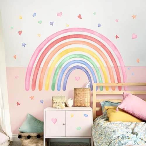 42" x 26" Rainbow Wall Decals Stickers for Girls Nursery Peel and Stick Watercolor Rainbow Hearts Stars Vinyl Wall Mural for Kids Toddlers Bedroom Playroom Classroom