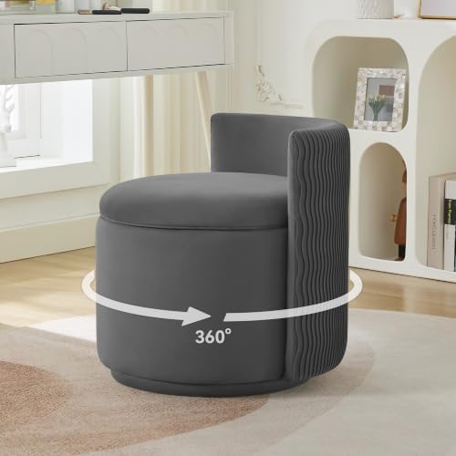 Large Velvet Vanity Chair, 360° Swivel Makeup Chair with Storage, Grey