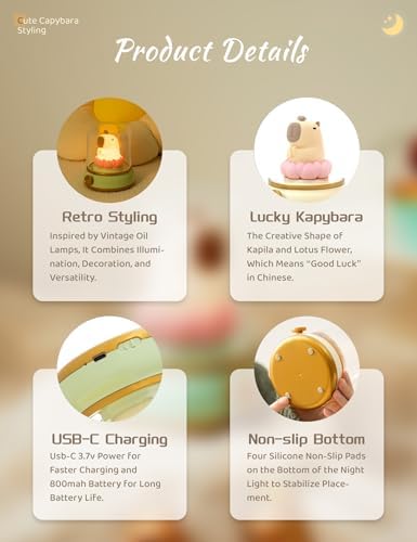 WANIDEA Kids Night Light, Rechargeable Capybara Night Light，Cute Desk Lamp