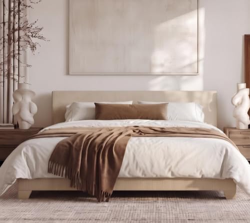 Allewie King Size Upholstered Bed Frame Adjustable Headboard, Beige