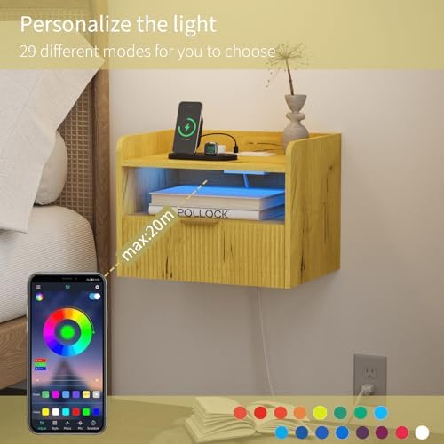 Veegle Floating Nightstand with Charging Station and LED Lights (Yellow Oak)