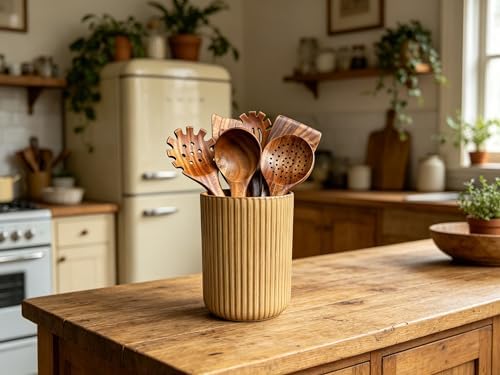 Large Stoneware Kitchen Utensil Holder for Kitchen Counter & Countertop Cooking Utensil Holder Spatula Holder Utensil Crock for Kitchen Counter Vertical Ribbed Fluted Stripe (Retro Amber)