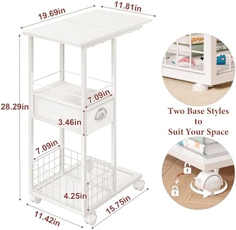 Rolling Side Table with Storage Drawer, White Bedside Table with Wheels, TV Tray for Sofa, Portable Desk on Wheels, Modern Night Stand, Overbed Table for Bedroom, C Shaped End Tables Living Room