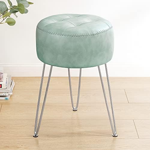 LUE BONA Small Vanity Stool Chair for Makeup Room, Mint Green Stool for Vanity, 19” Height, Tufted Faux Leather Vanity Chair Stool with Metal Legs, Modern Foot Stool Ottoman for Bedroom, Living Room