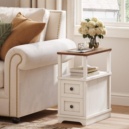 Slim End Table with 2 Drawers, Farmhouse Narrow Nightstand Wood，