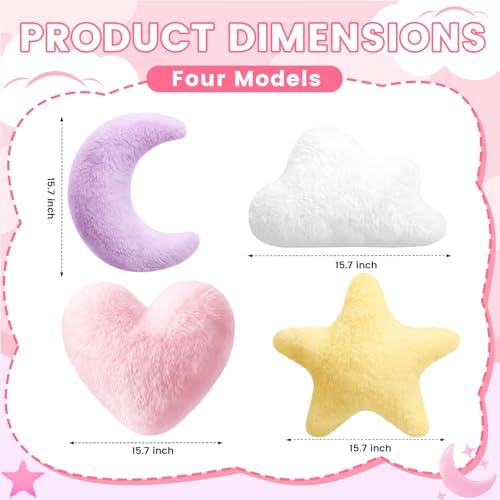 Novabright 4 Pcs Moon Star Cloud Heart Plush Pillow, Colorful 15.7 Inch