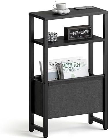 Narrow Side Table, Slim End Table with Magazine Rack, Skinny Bedside Table for Small Spaces, 3 Tier Sofa Couch Table Nightstand for Living Room, Bedroom, Black LET503B
