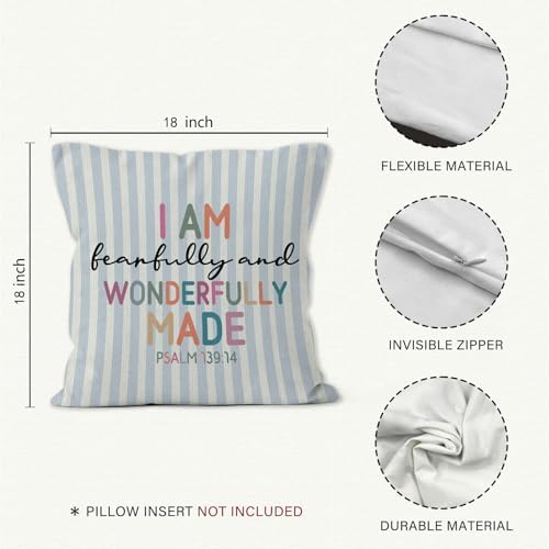 Boho Nursery Christian Throw Pillow Cover 18x18, Religious Bible Verse Inspirational Decorative Pillow Covers for Kids Boys Room Bedroom Playroom, Blue Striped Accent Pillows Cover Pillowcases