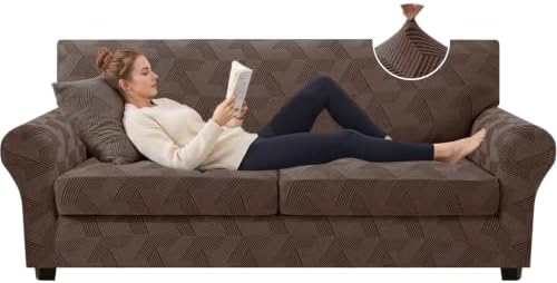 ZNSAYOTX 3 Piece Stretch Couch Covers (72"-90") New-Rectangle Texture, Thick Sofa Covers for 2 Cushion Couch Universal Sofa Slip Cover with Elastic Bottom & Buckle, Washable Protector Brown