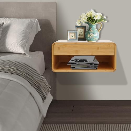 Bamboo Floating Nightstand with Storage Drawer, Wall Mounted Bedside End Tables with Open Shelf, Modern Bedside Cabinet Storage for Bedroom Living Room