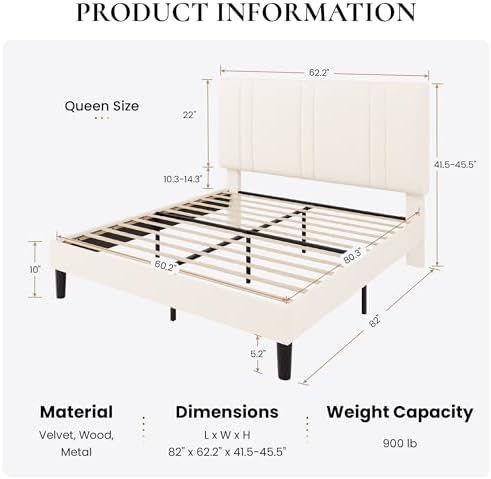 SHA CERLIN Queen Size Velvet Bed Frame with Adjustable Headboard, Cream
