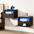 Modern Floating Nightstand Set of 2 with Charging Station & Light (Black)