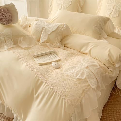 MOOWOO Lovely Bow Chic Duvet Cover Set- Ruffle Lace Polyester Comforter Cover -Girl French Princess Style Bedding-2 Piece Twin Duvet Cover with Zipper Closure -No Comforter-Yellow,Twin Size