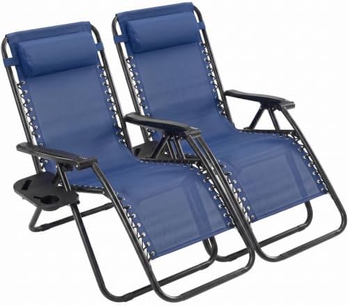 Sweetcrispy Zero Gravity Chairs, Set of 2 Portable Recliner Beach Camping Patio Outdoor Folding Lounge Chair with Cup Holder Trays and Adjustable Pillow for Poolside, Garden, Backyard, Lawn, Blue